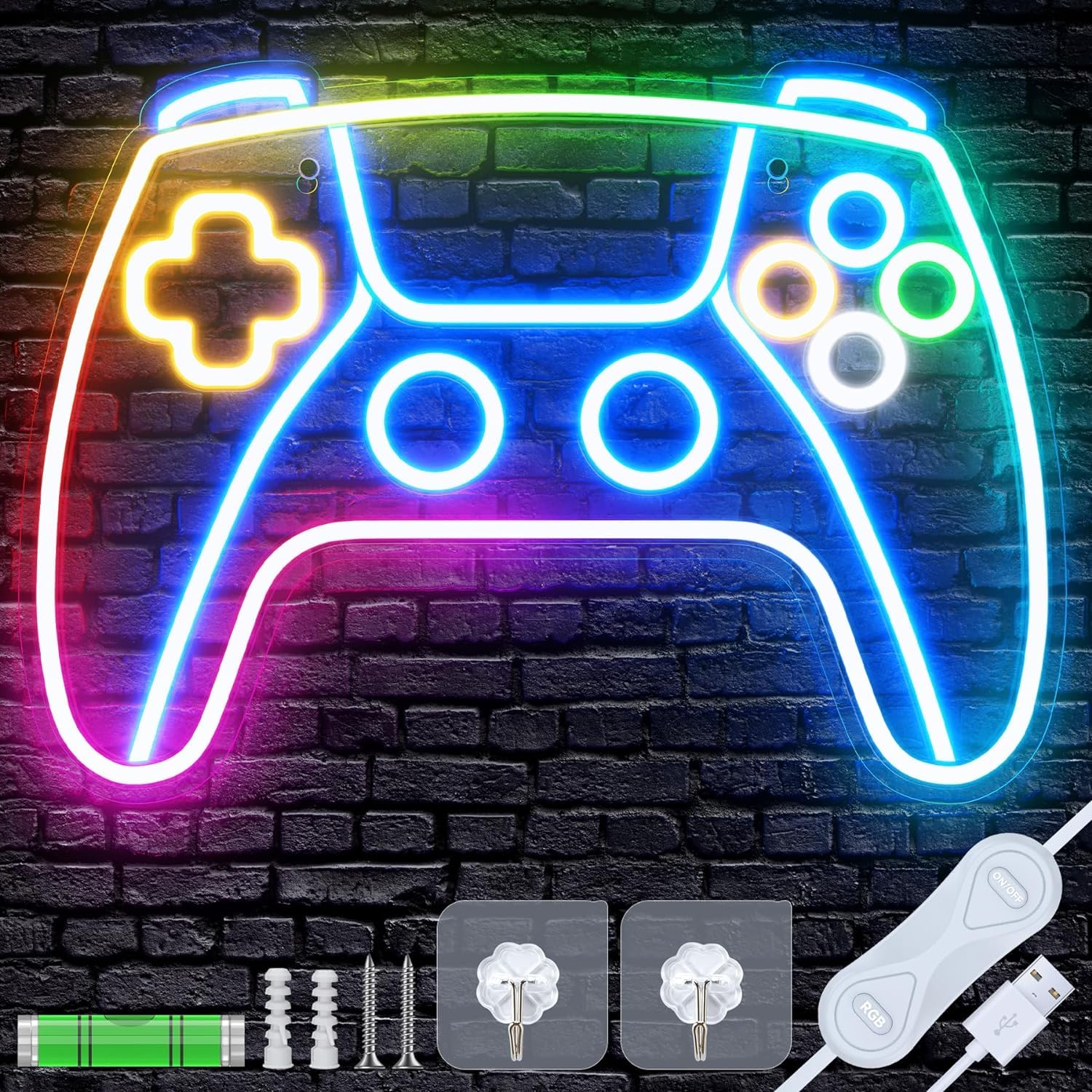 

Gamepad Neon Sign Gaming 9 Types of RGB Light Adjustable USB Atmosphere Indirect Game Room Wall Hanging Adhesive Hooks and Screws Easy to Game Neon