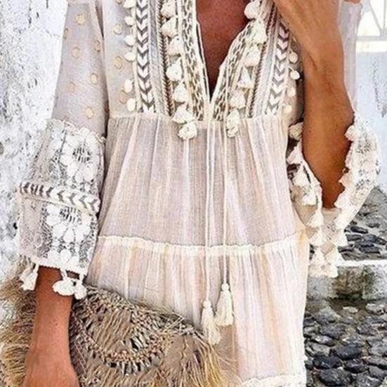 Deep V Neck Mini Dress Solid Color Women Tassel 45720 Sleeve Shift