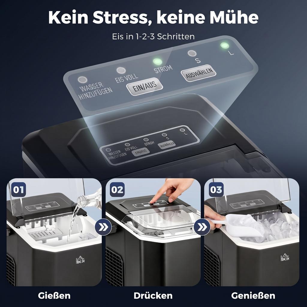 Self-cleaning ice maker, 9 ice cubes in 6-13 min, basket, scoop, 22.2 x 29.4 x 29 cm, black