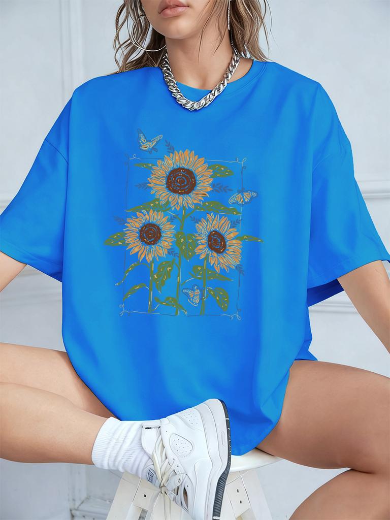 Sunflower Oil Printing Prints TShirts Womens Summer Cotton Short Sleeve T Shirt Loose ONeck Comfortable Tops Casual Clothes