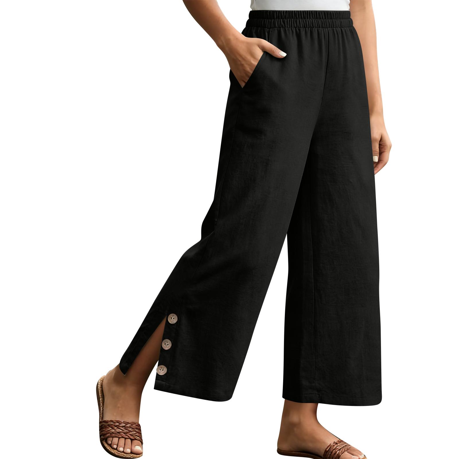 

Wide Leg Linen Pants for Women Elastic Waistband Casual Loose Fit Trousers with Side Button Split and Pockets for Daily Wear L чёрный
