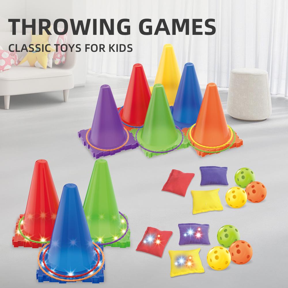 6-Color Glow in The Dark Cone Ring Toss Game, Parent-Child Interactive Light Up Throwing Toy, Kids Outdoor Play Set