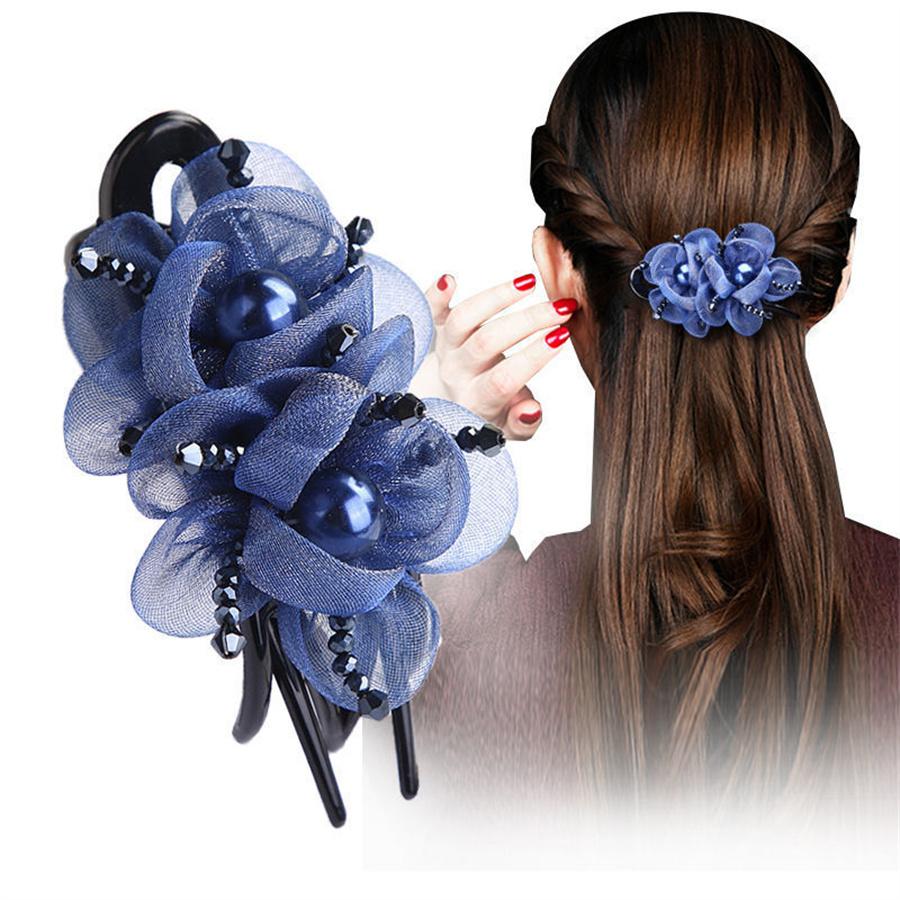 New fashionable Korean silk floral duckbill clip for women retro temperament pearl back head hair clip hair accessories gift