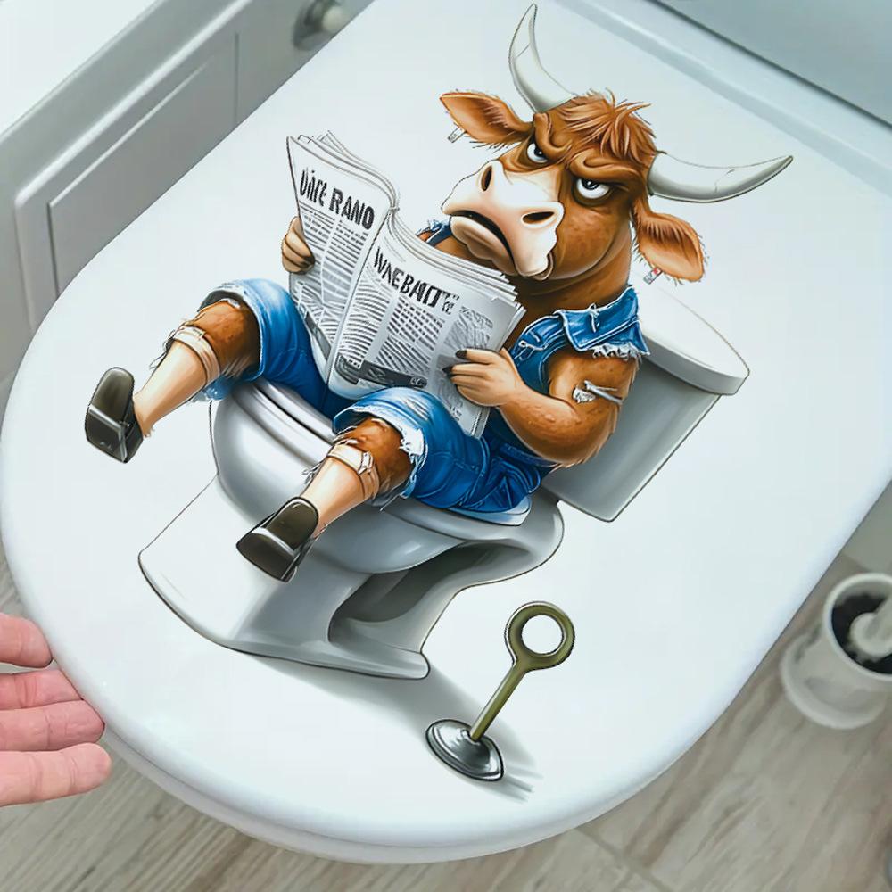 3D Funny Cartoon Calf Reading Newspaper On Toilet Wall Sticker Self-Adhesive Waterproof Removable Bathroom Home Decor Art