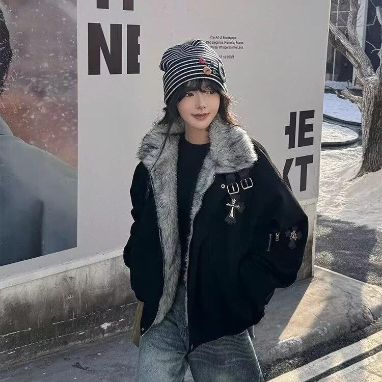 Women's American Retro Stand Collar Faux Fur Eagle Cotton Jacket