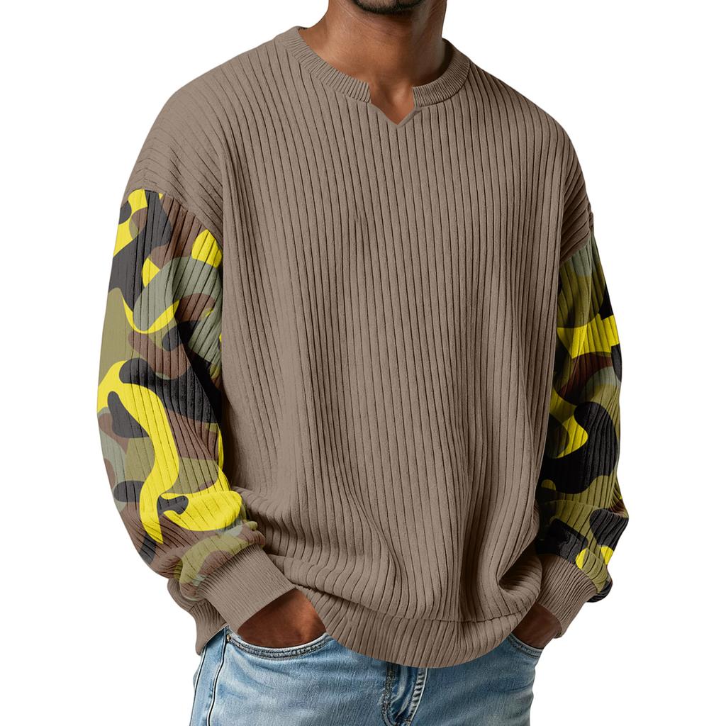 Men's Camouflage Stylish V-Neck Ribbed Textured Long-Sleeve T-Shirt