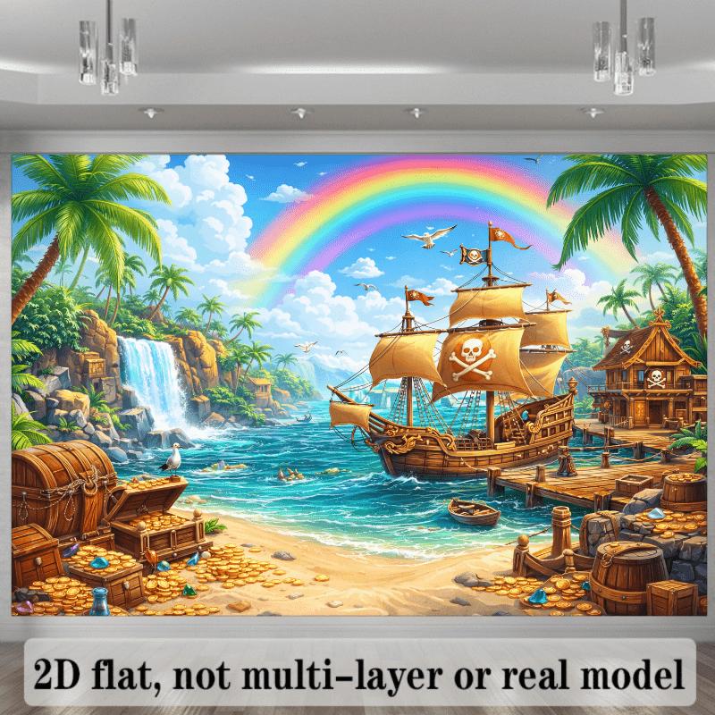 2D Planar Treasure Island-themed Background Fabric Featuring a Pirate Ship Outdoors and Studio Elements
