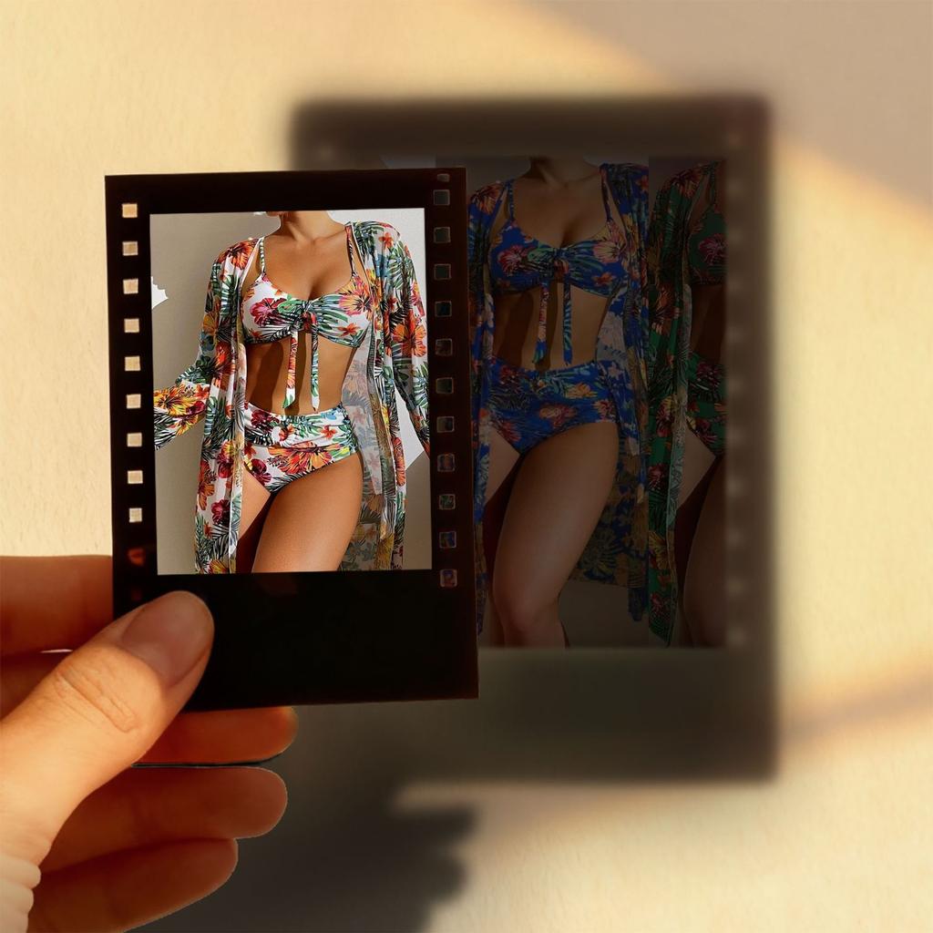 HNYHWKR printed three-piece swimsuit women's long-sleeved blouse high-waisted shorts sexy beach bikini suit