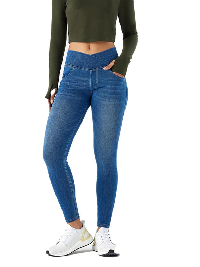 Women's European & American High-Stretch Cross-Waist Skinny Jeans with Pockets, Slimming, Butt-Lifting, Cat Whiskers & Monkey Wash.