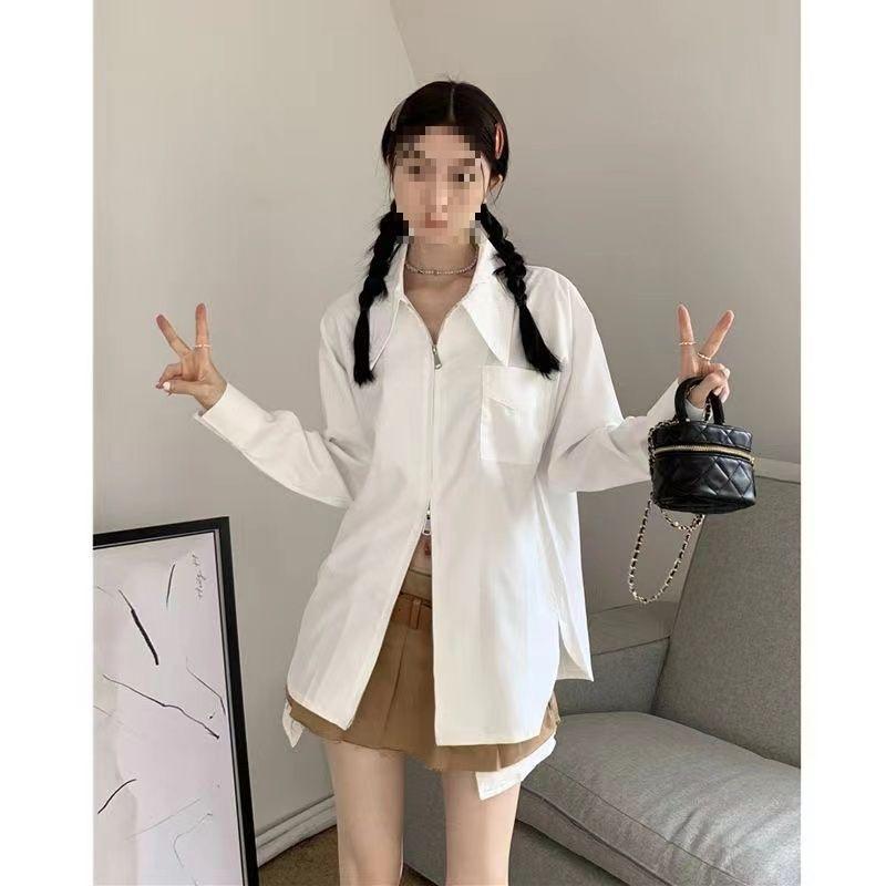 Women's White Double Zipper Long Sleeve Shirt, American Harajuku-Style, Slim-Fit, Spring/Summer Korean-Inspired.