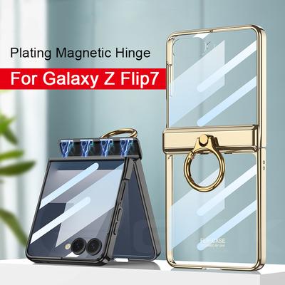 Lyxigt Pläterat Magnetiskt Gångjärnsskal för Samsung Galaxy Z Flip 7 6 5 Skärmglas Ringhållare Hårt Skydd för Galaxy Z Flip7 Fodral
