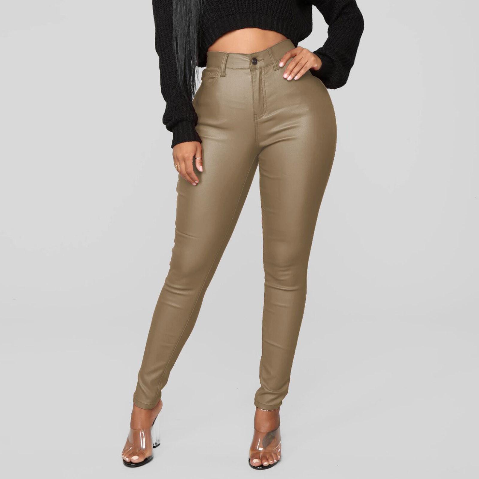 

Fashion Women s Color Faux Leather Button High-waisted Pencil Pants Tights Trousers S кавовий