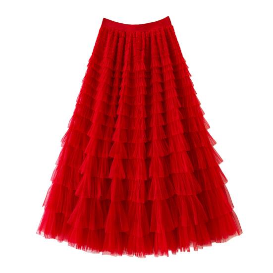 Cake Skirt Elastic High Waist A-Line Skirt Pure Color Multi Layer Ruffle Trim Mesh Hem Midi Skirt Work Leisure Wear