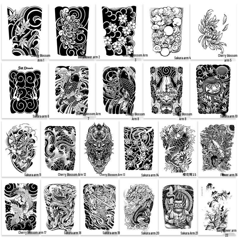 Japanese Traditional Tattoo Waterproof Sticker: Men's Long-lasting Floral Arm Pattern.