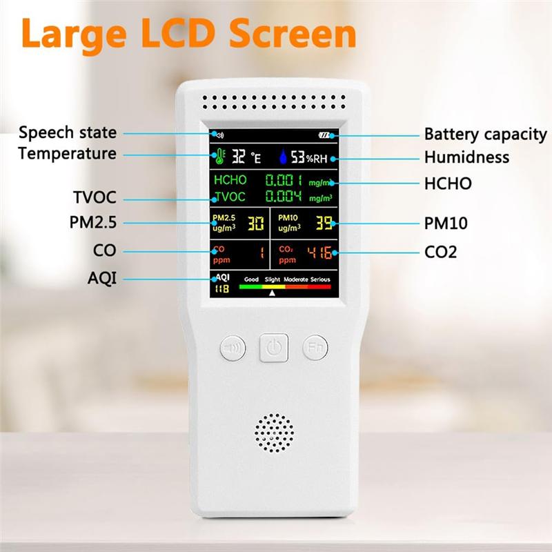 A84E-Real Time Monitoring, Large Display Portable Detector Voice Alert, Home Air Test Kits