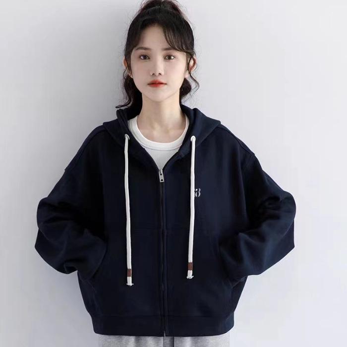 Autumn 2023 Women's Dark Blue Hooded Zipper Hoodie Jacket - Versatile and Trendy for Spring and Autumn
