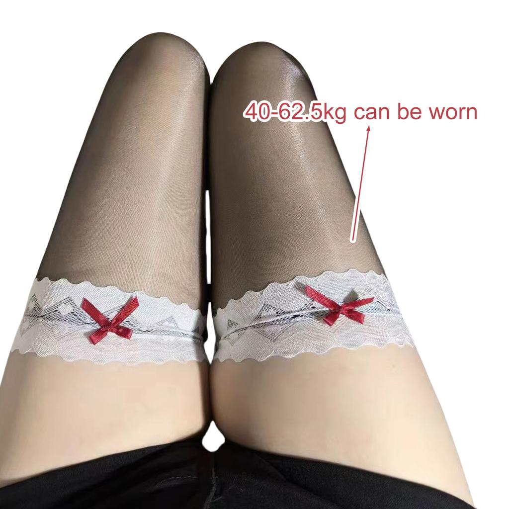 Ladies Oil Glossy Lace Top Over Knee Stockings with Bowknot Sheer Shimmery Thigh High Long Socks for Performers Hosiery