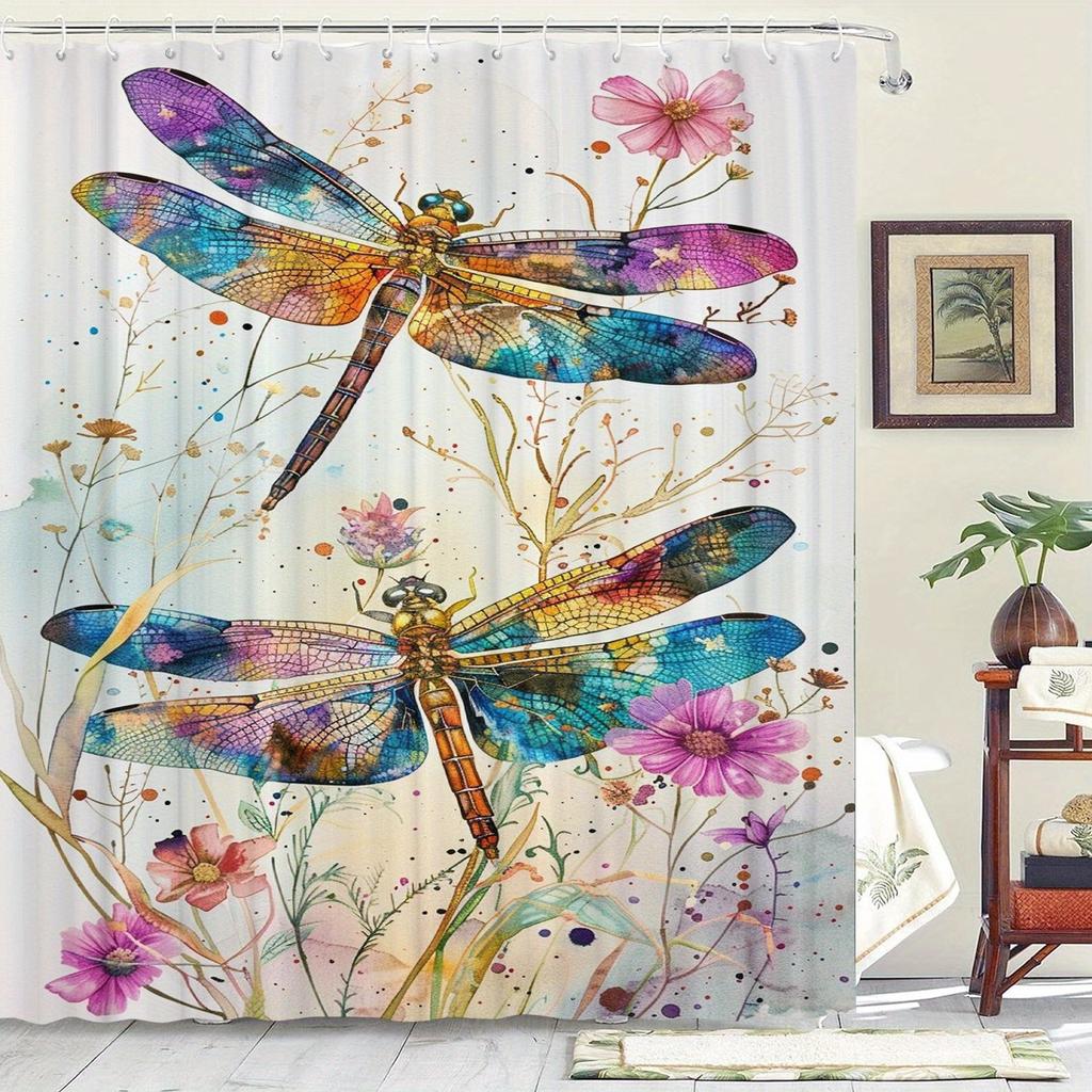 Waterproof 12 Hooks Dragonfly Pattern Shower Curtain, Machine Washable One Piece For Room Home Hotel Bathroom