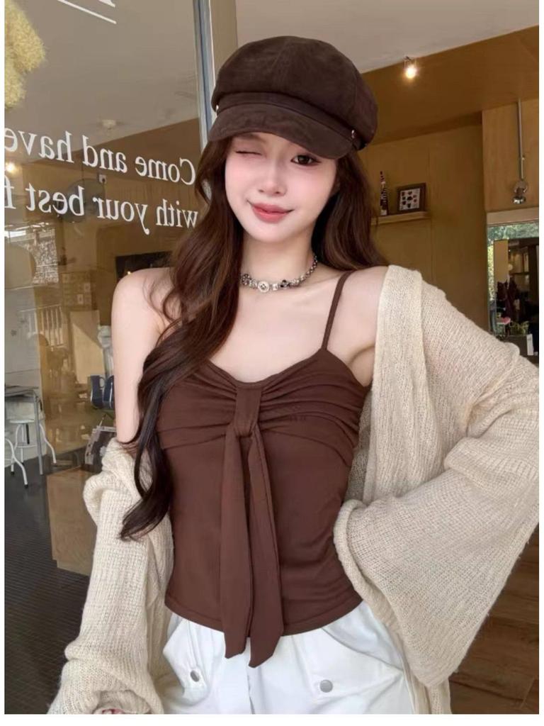 Sweet & Spicy V-Neck Pleated Camisole with Bow Tie Straps and Chest Pads - Slim-Fit Sleeveless Spring/Summer Top for Women