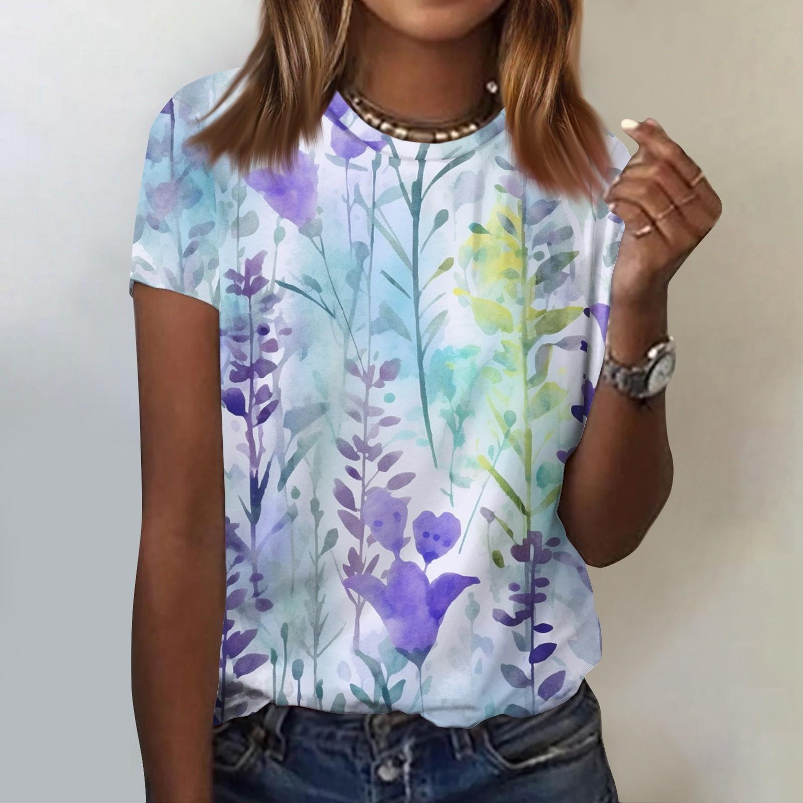 

Женская модная повседневная футболка с цветочным принтом и круглым вырезом, топ с короткими рукавами M