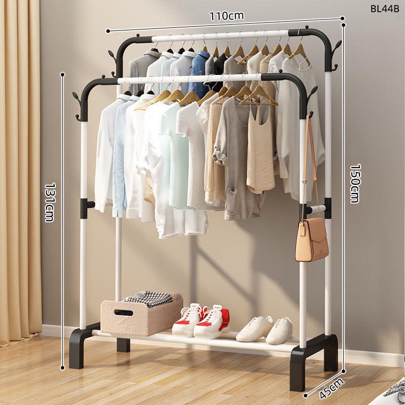 Minimalist Indoor Floor-Standing Coat Rack with Double Pole and Shelf for Bedroom or Balcony