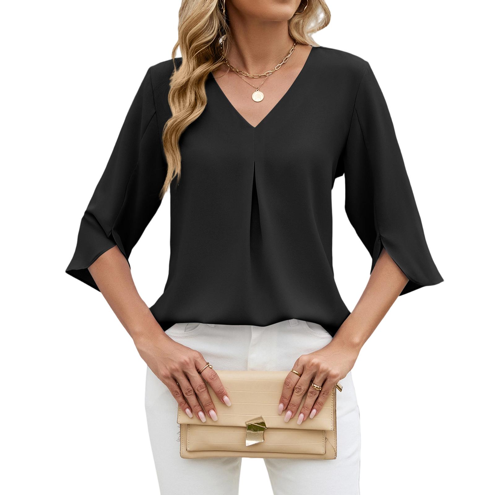 Women s Casual Fashion Retro -Color Spring/Fall Three-Quarter Sleeve Top L