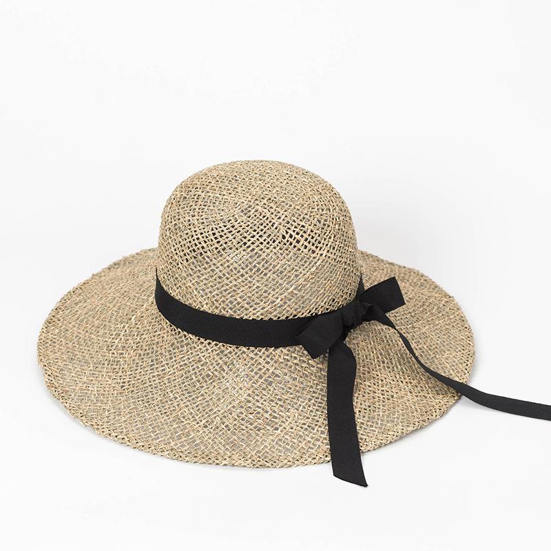 Summer new bow streamer seaweed big eaves hat outdoor sunscreen sunshade beach big edge straw hat