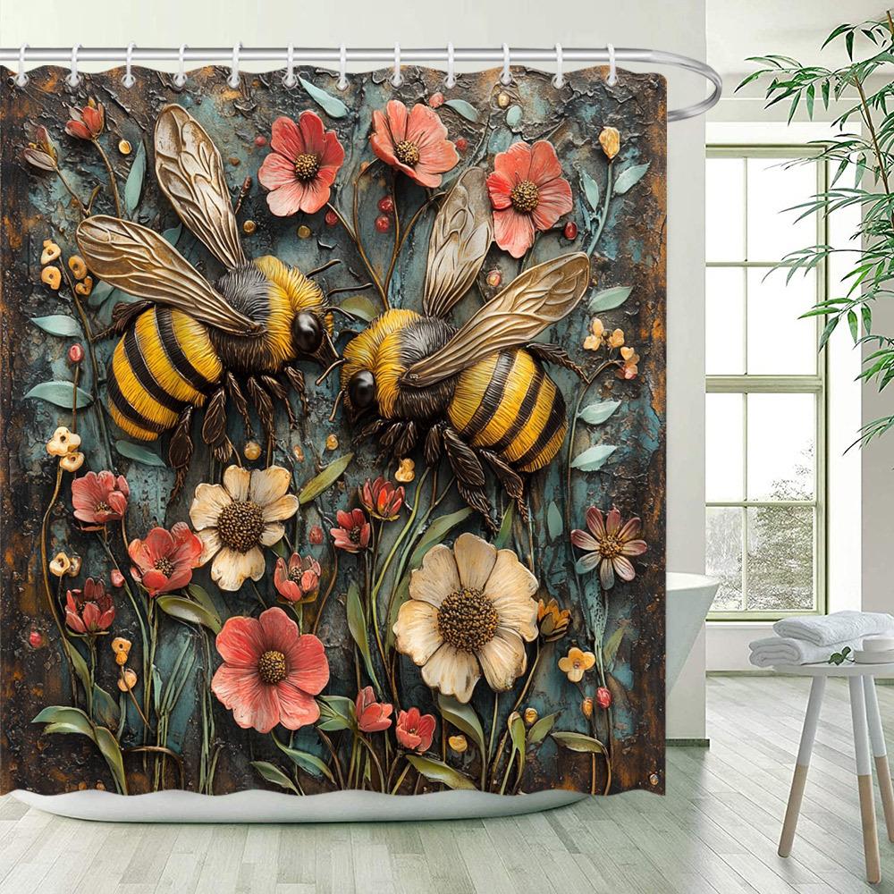 3D Bees and Flowers Waterproof Shower Curtain for Modern Bathroom Decor, Stylish and Durable, Perfect for Home Use