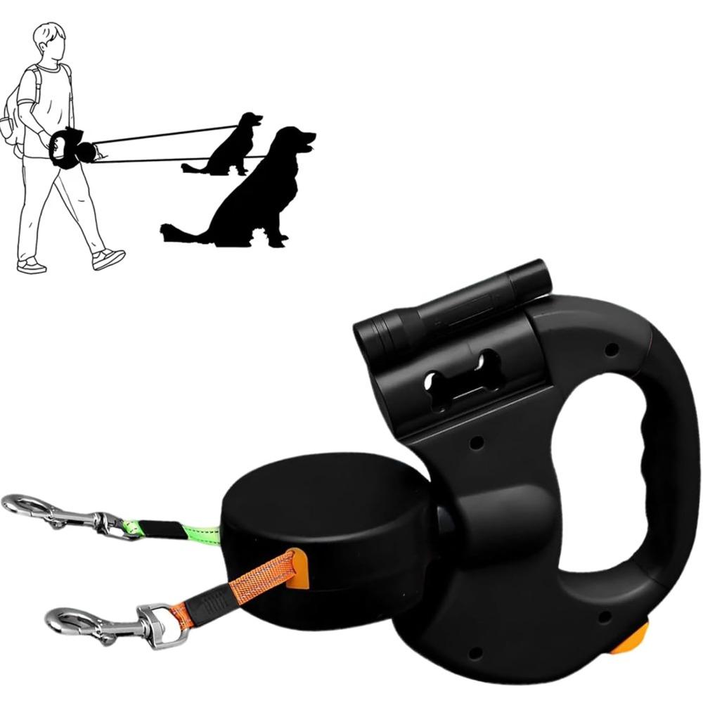 New With Flashlight Dual Dog Retractable Leash Poop Bag Holder Retractable Dog Tractions Rope 360° Rotating LED Lights Dog Chain