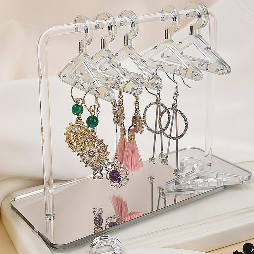 1 Set Acrylic Earring Holder with Mini Hangers Colorful Coat Hanger Shape Earring Display Stand with Mirrored Base
