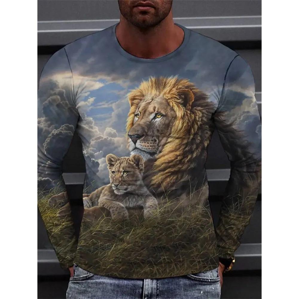 Spring and Autumn Round Neck Lion Pattern 3D Printed Top Fashionable Casual Long Sleeved Men's T-shirts