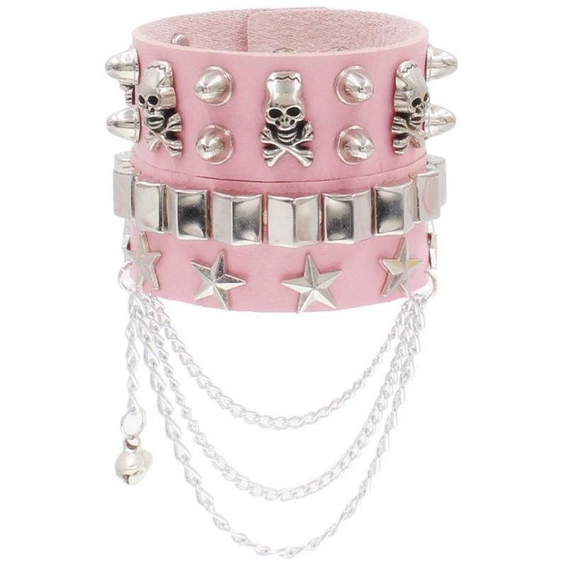 A52E 2Piece Biker Skeleton Rivet Star Wristband Jewelry Women Men Cool Chain