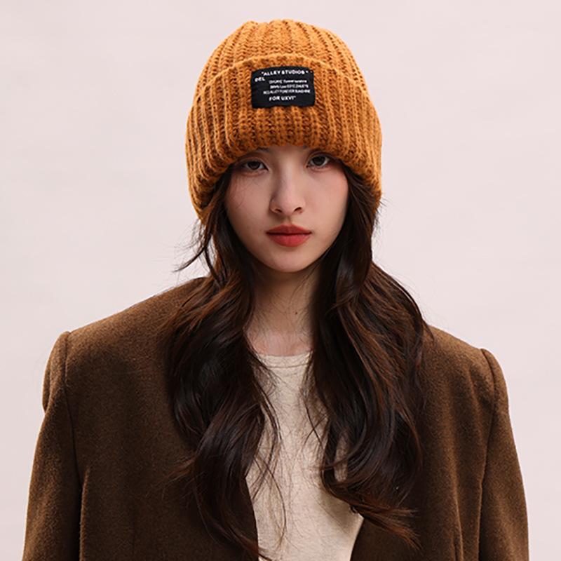 Black hat women's spring and autumn wool hat cold hat big head circumference headgear knitted hat winter warm pile hat men