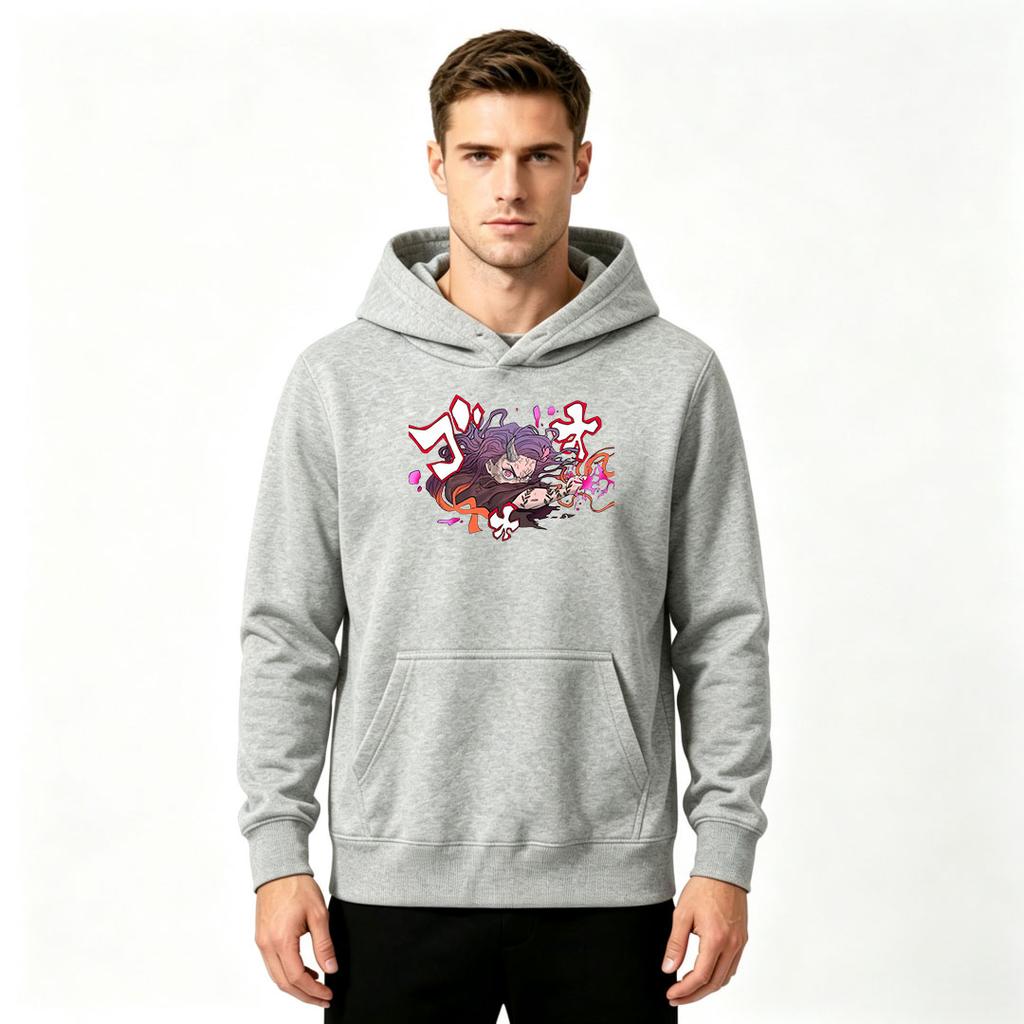Men Anime Print Pullover Hoodie Casual Purple Hair Demon Character Graphic Long Sleeve Sweatshirt