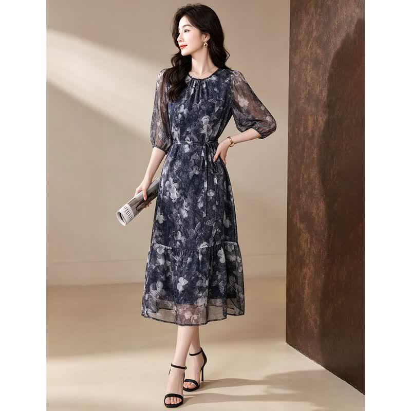D.F.DEAR Elegant 100% Mulberry Silk A-Line Midi Dress