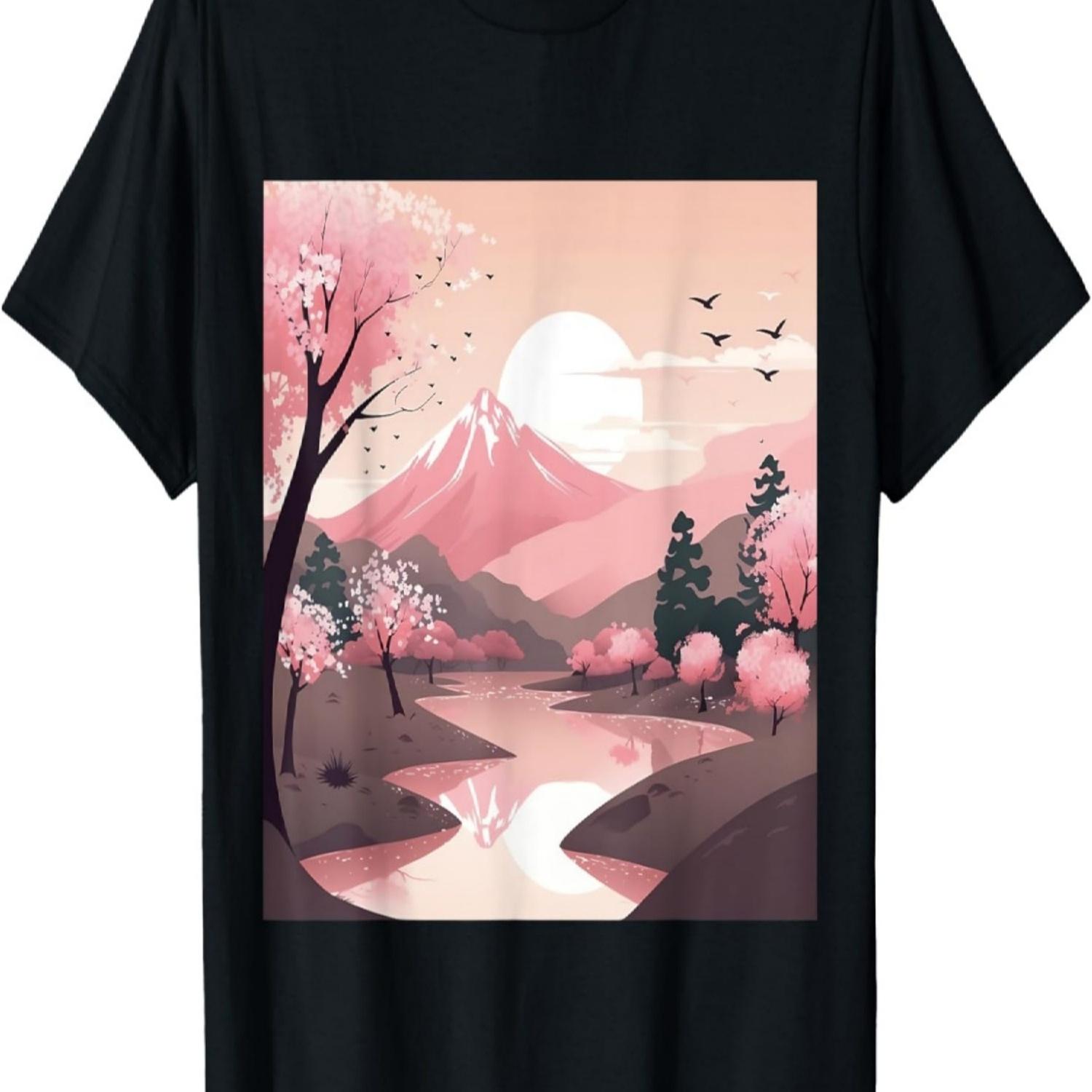 Pastel Dreams Unfold Tranquil Symphony with Cherry Blossoms T-Shirt S чёрный