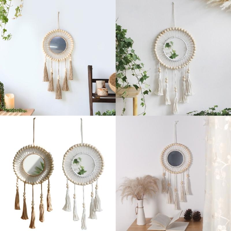 Bohemian Handmade Wood Beads Woven Tassels Wall Hanging Mirrored Macrames Tapestrys Decorative Mirrored for Bedroom