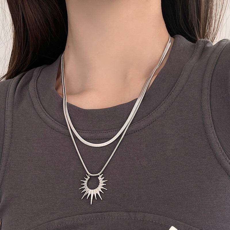 Double layer stacked sun snake bone chain titanium steel necklace men and women personality niche versatile high sense clavicle chain tide