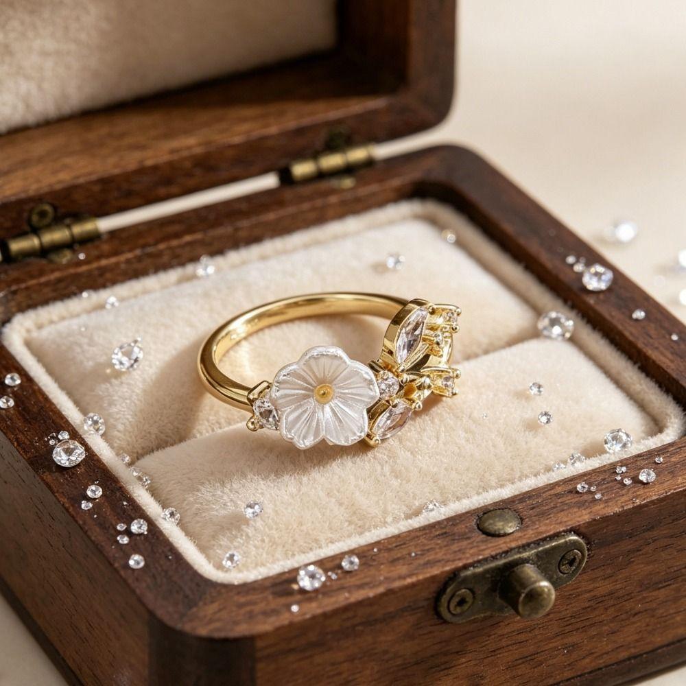 Adjustable Flower Opening Ring Wedding Finger Jewelry Romantic Flower Crystal Ring  Women