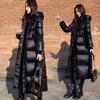 Women's Black Shiny Long Down Cotton Coat, Korean Style Thermal Insulated Slim Fit Winter Jacket, Instagram Trendy Plus Size Parka for Cold Weather