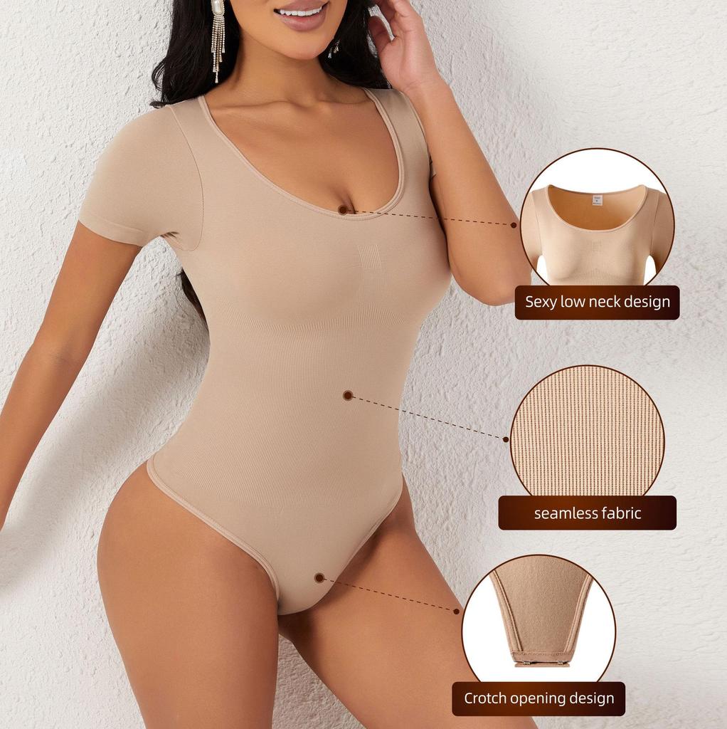 Butt-Lifting, Waist-Cinching, Tummy-Flattening Seamless Short-Sleeved Thong Shapewear Bodysuit