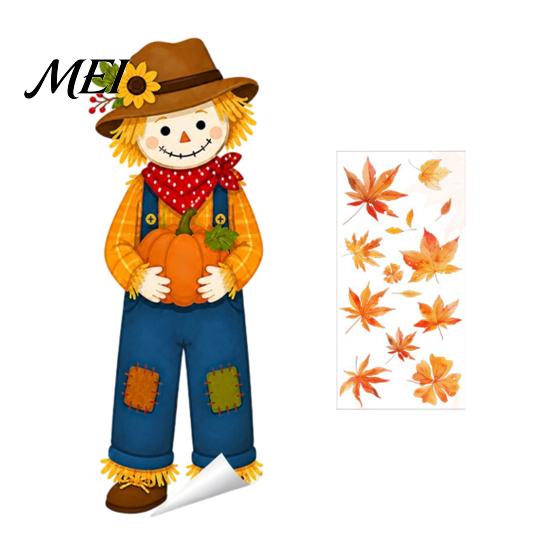 Harvest Festival Glass Stickers Fall Window Clings, Autumn Scarecrow Maple Leaf Stickers, Reusable Double-Sided Static Cling Film PVC Decals