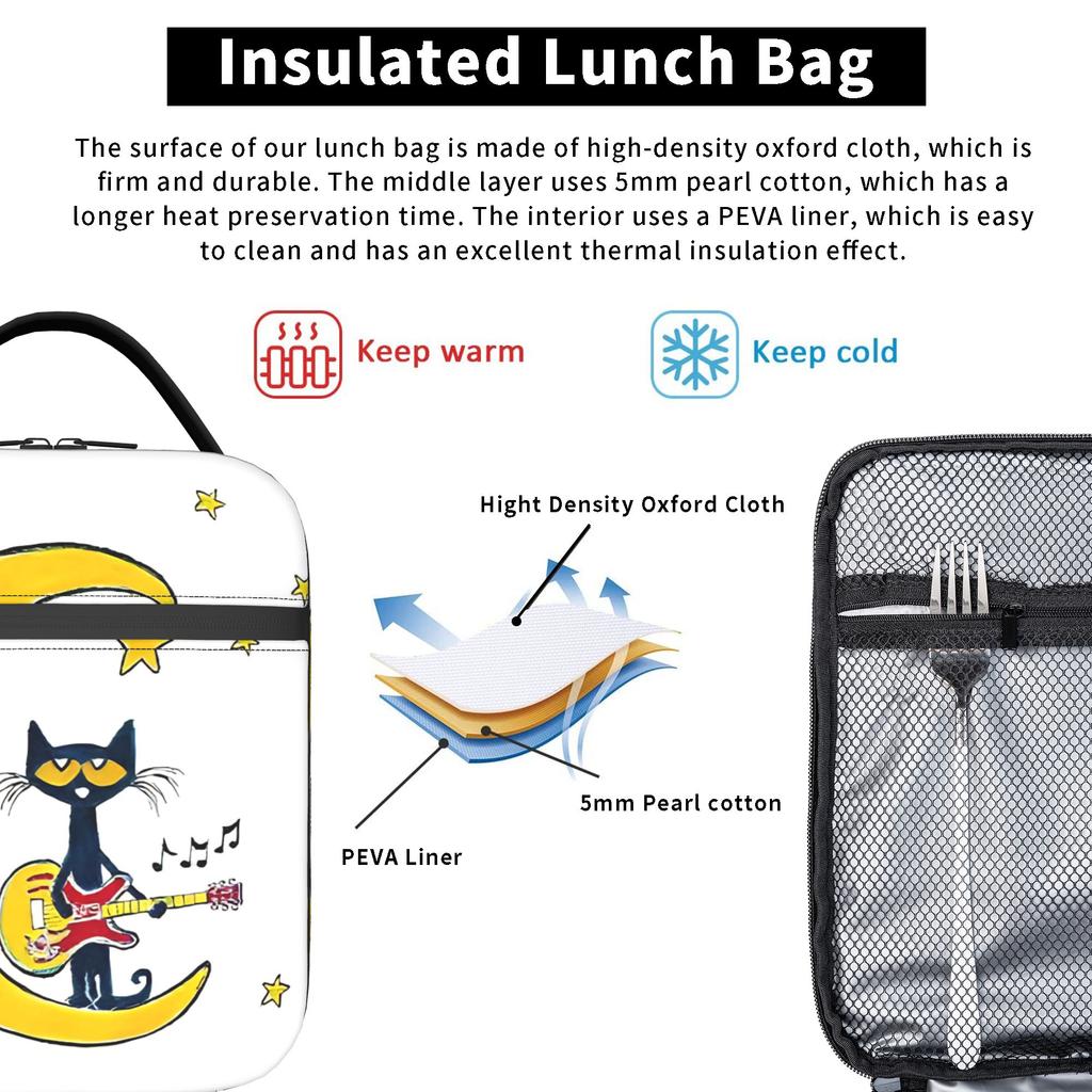 Pete the Cat Cartoon Cats Insulated Lunch Bags Cooler Bag Reusable,Lunch Container Leakproof Tote Lunch Box for Men Women