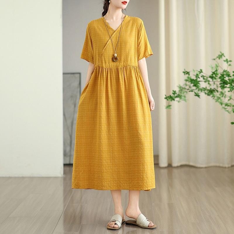 Short sleeve Plus size Cotton linen vintage plaid new in dresses for women casual loose long summer dress