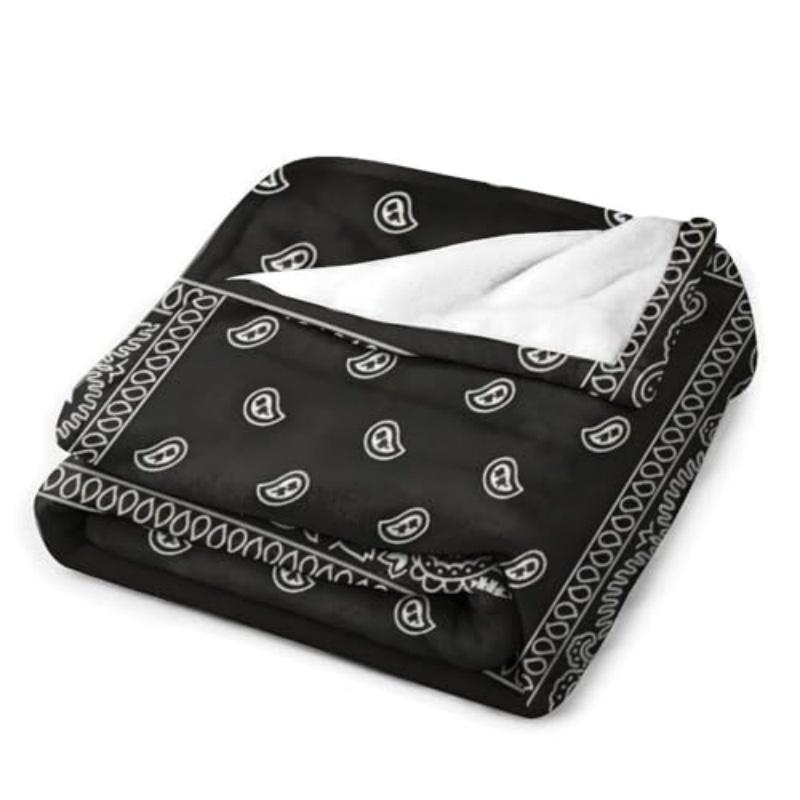 Black Paisley Bandana Flannel Throw Blanket Classic Western Bandana Pattern Soft Cozy Bed Blanket