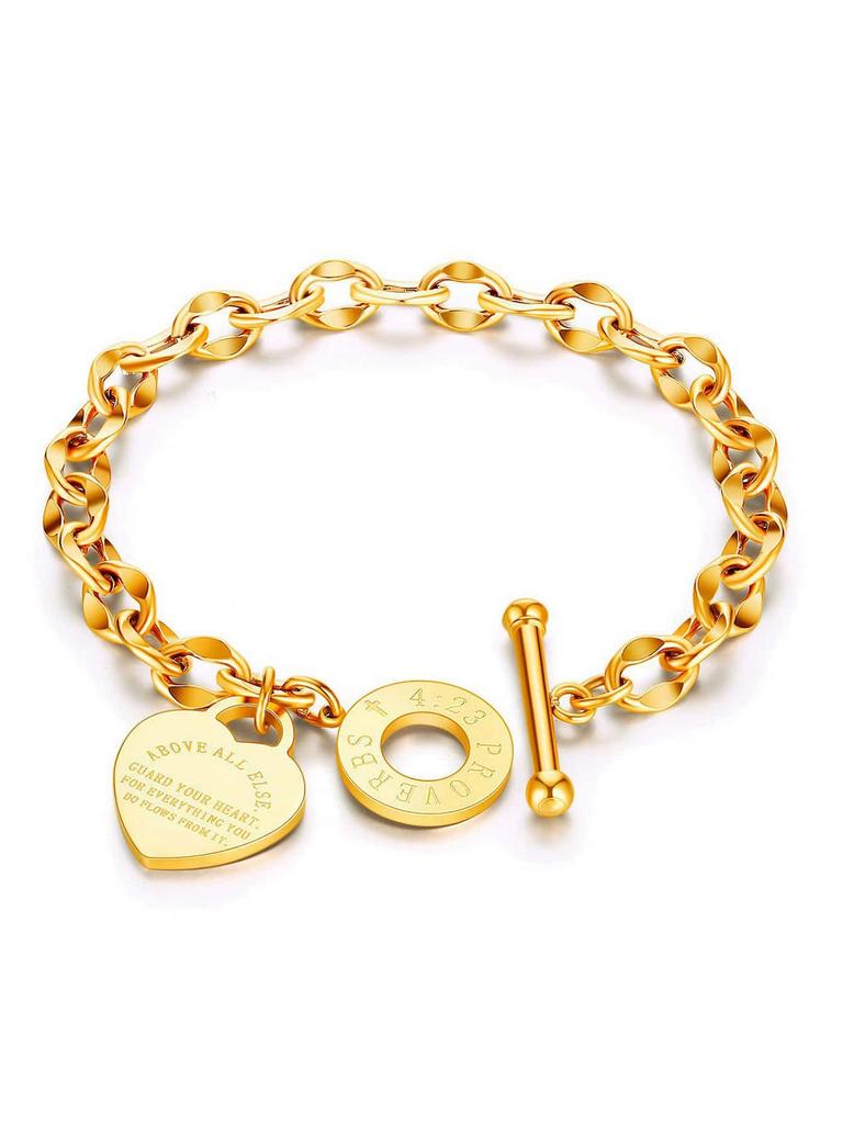 1pc Women's Stainless Steel Classic Heart Engraved Toggle Clasp Titanium Steel Chain Bracelet Valentines,Mom,Mother,Mother's Day,Gift