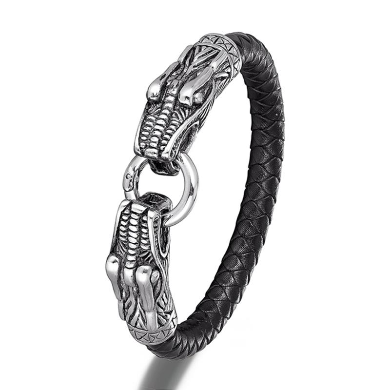 Classic Animal Viking Double Dragon Wolf Head 316L Stainless Steel Men's Leather Bracelet Fashion Punk Jewelry Pulseras