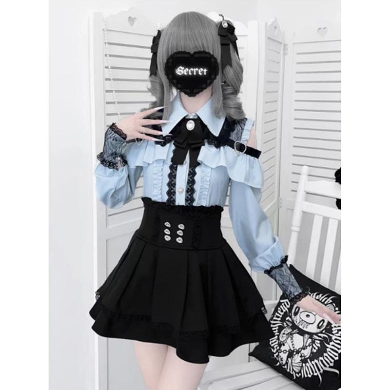 JK Rock Japanischer Stil Lolita Y2K Süß Schuluniform Bluse Oberteil Kleid Dunkelheit Outfit Damen Mädchen Mottoparty