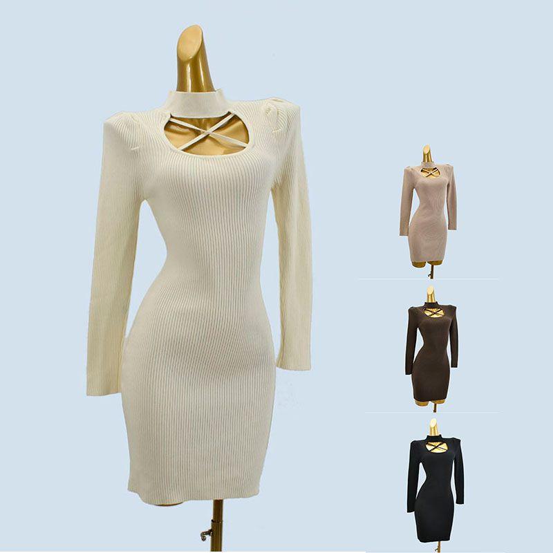 Match with Coat Half Turtleneck Puff Sleeves Halterneck Cross Silm Long Sleeves Sheath Mid-Length Pure Color Dress Bottoming Skirt