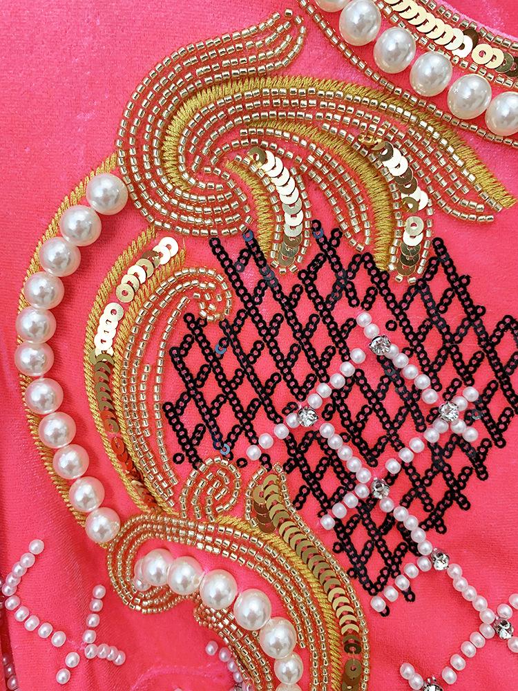 2025 Gold Velvet Long-Sleeve Dress with European & American Heavy Embroidery, Sequins, and Beaded Details